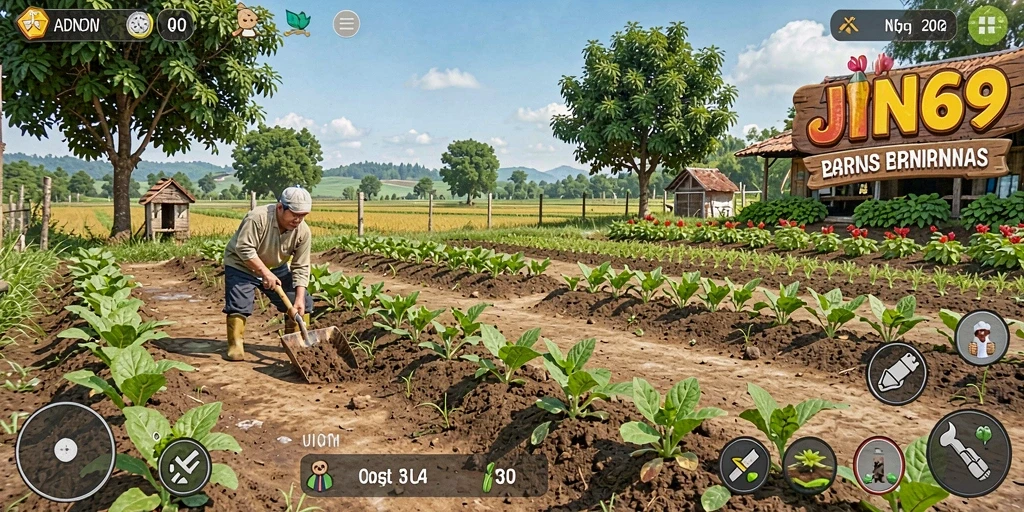 Tampilan seru dari gameplay pertanian di JIN69.