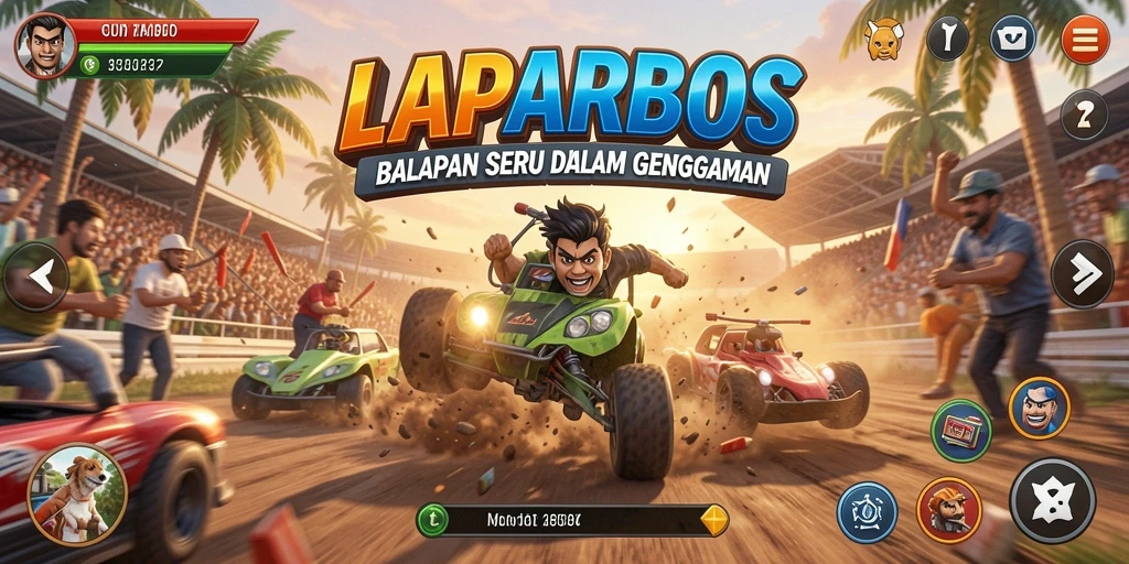 Screenshot utama LAPARBOS menampilkan aksi seru balapan mobil.