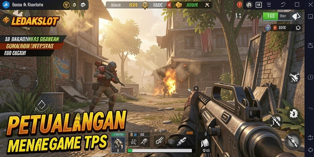 Tampilan gameplay seru dalam LEDAKSLOT dengan aksi tembak-menembak.
