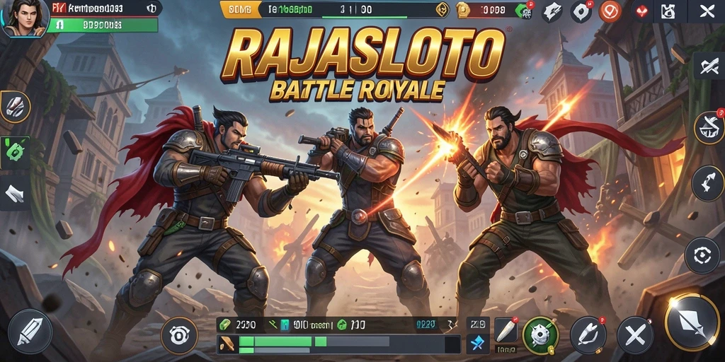 Tangkapan layar utama RAJASLOTO menampilkan aksi pertarungan epik dalam Battle Royale.