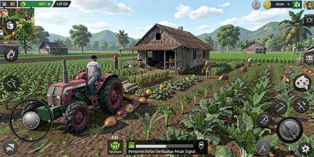 Screenshot gameplay TMOKWIN menampilkan ladang subur dengan tanaman yang beragam.